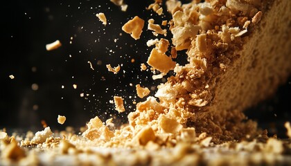 Pile crumbs cake flying on black background