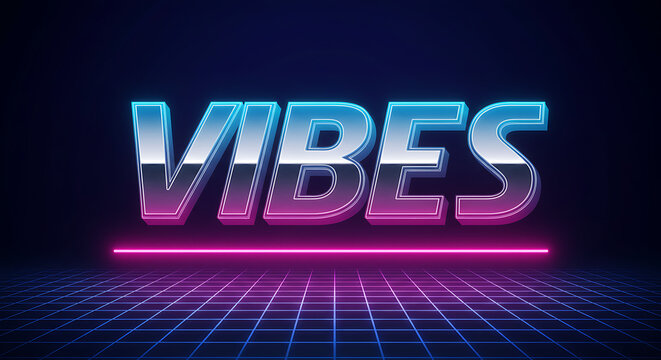 Retro 80s Synthwave Vibes Text Effect on Grid Horizon with Neon Glow - Futuristic Chrome Style