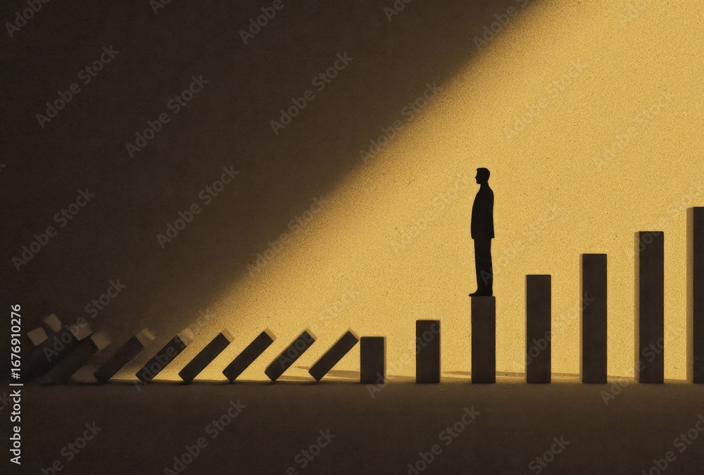 Poster silhouette of a person standing on a platform with a rising bar graph in the background symbolizing 