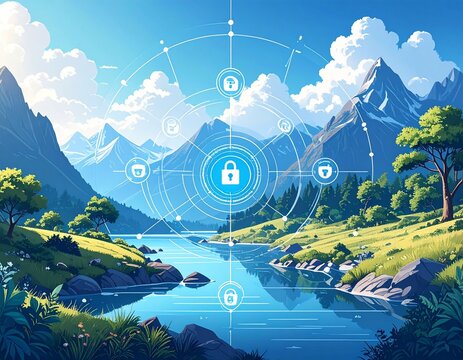 Digital security concept overlayed on a serene landscape with mountains, water, and sky. - Powered by Adobe