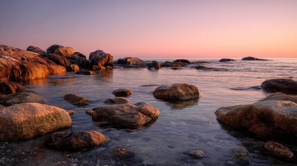 The image captures a serene coastal scene at twilight. Smooth, dark rocks line the shoreline, partially submerged in calm, reflective water. 