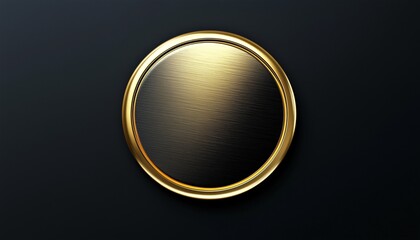 Rounded blank gold metal badge for board or frame, copy space black background