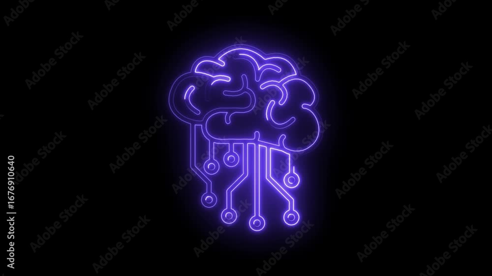 Poster neon brain circuit animation artificial intelligence conceptual digital neural network