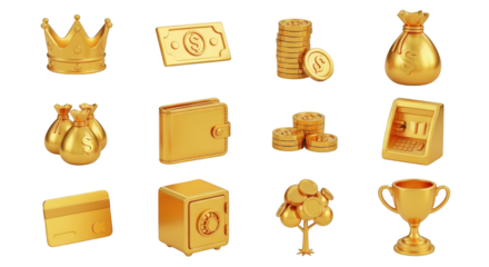 Golden Icons Representing Wealth and Success Including Crown Money and Safe collection isolated on a transparent background