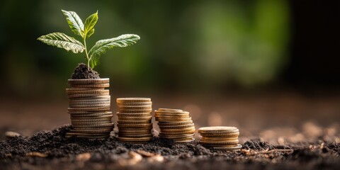 A small plant sprouts from a stack of coins arranged in ascending steps, symbolizing growth and investment. The plant sits on a bed of dark soil, with blurred greenery in the background, 