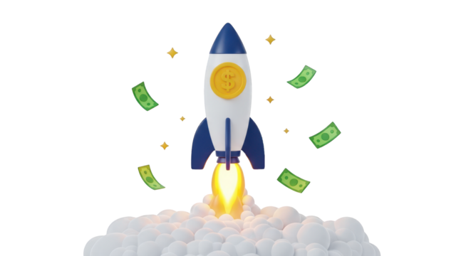 Rocket Launching with Money and Stars spaceship dollar isolated on a transparent background