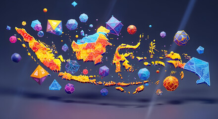Colorful Digital Map of Southeast Asia with Geometric Shapes and Data Elements