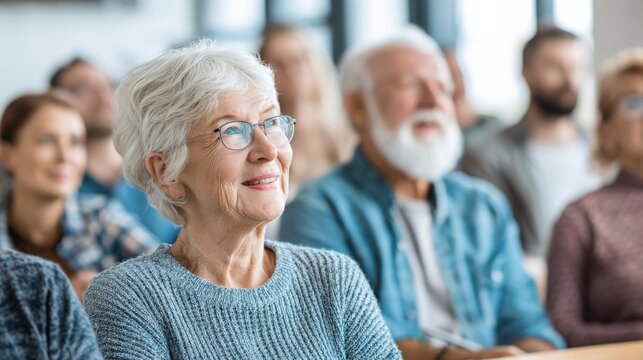 Focused Audience: A candid portrayal of an engaged, smiling audience, with a senior woman at the fore, embodying the focus and attentiveness within a gathering.