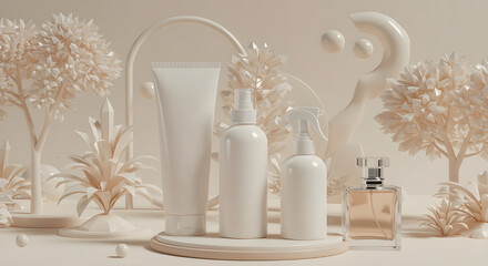 Fototapeta premium Minimalist Cosmetic Product Display with Neutral Tones and Abstract Elements
