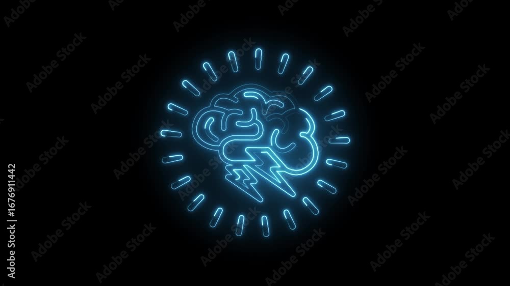 Poster brainstorm neon glowing icon animation on black background creative problem solving concept