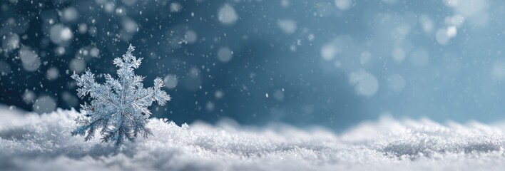 A delicate ice crystal sits amidst falling snow on a bed of pristine white snow