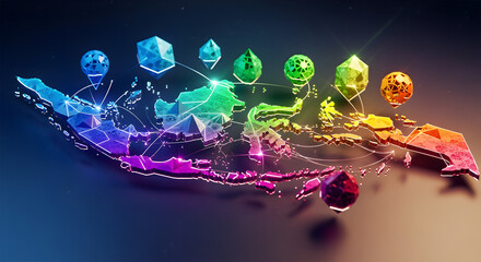 Colorful Digital Abstract Map with Geometric Shapes and Floating Spheres in Transparent Background