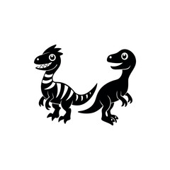 Two cute cartoon dinosaurs side by side in black and white outline silhouette Vector 