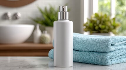 Fototapeta premium A white spray bottle stands beside soft blue towels in a bright bathroom setting, conveying a sense of cleanliness and relaxation.