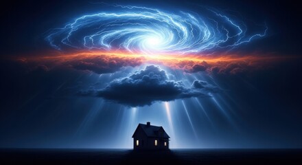 House Under Dramatic Storm Cloud with Lightning and Bright Sunburst in Night Sky