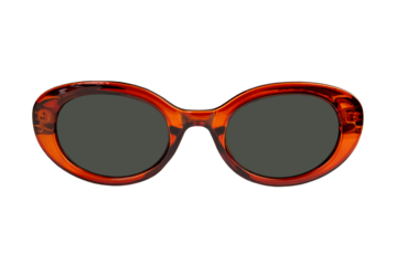 retro sunglasses featuring an orange brown frame and dark lenses with oval frame isolated on white background, front view. summer outings and fashion-forward looks, women's glasses