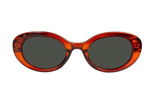 retro sunglasses featuring an orange brown frame and dark lenses with oval frame isolated on white background, front view. summer outings and fashion-forward looks, women's glasses