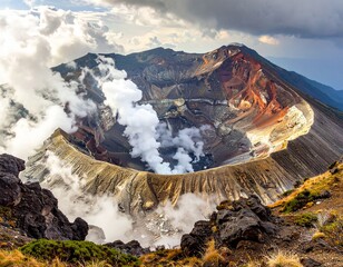 A dramatic view of Mount Aso's volcanic crater, with steam rising from within, set against a partly cloudy sky and rugged terrain.