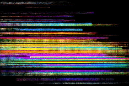 Abstract digital glitch art with horizontal lines of vibrant colors on a black background