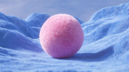 A vibrant, pink plush ball rests prominently on a textured, blue landscape. The ball?s fluffy surface contrasts sharply with the smooth,