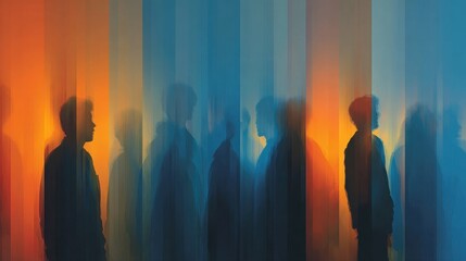 Silhouettes of four individuals standing against a vibrant, colorful abstract background with dynamic lighting effects