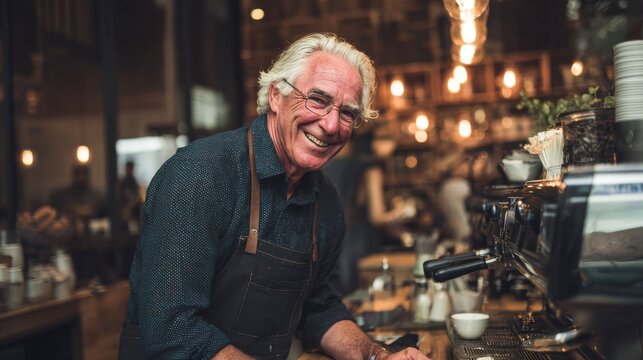 The Smiling Barista: A charismatic barista, beaming with confidence and expertise, stands amidst the cozy ambiance of a coffee shop, crafting a perfect cup with precision and passion. 