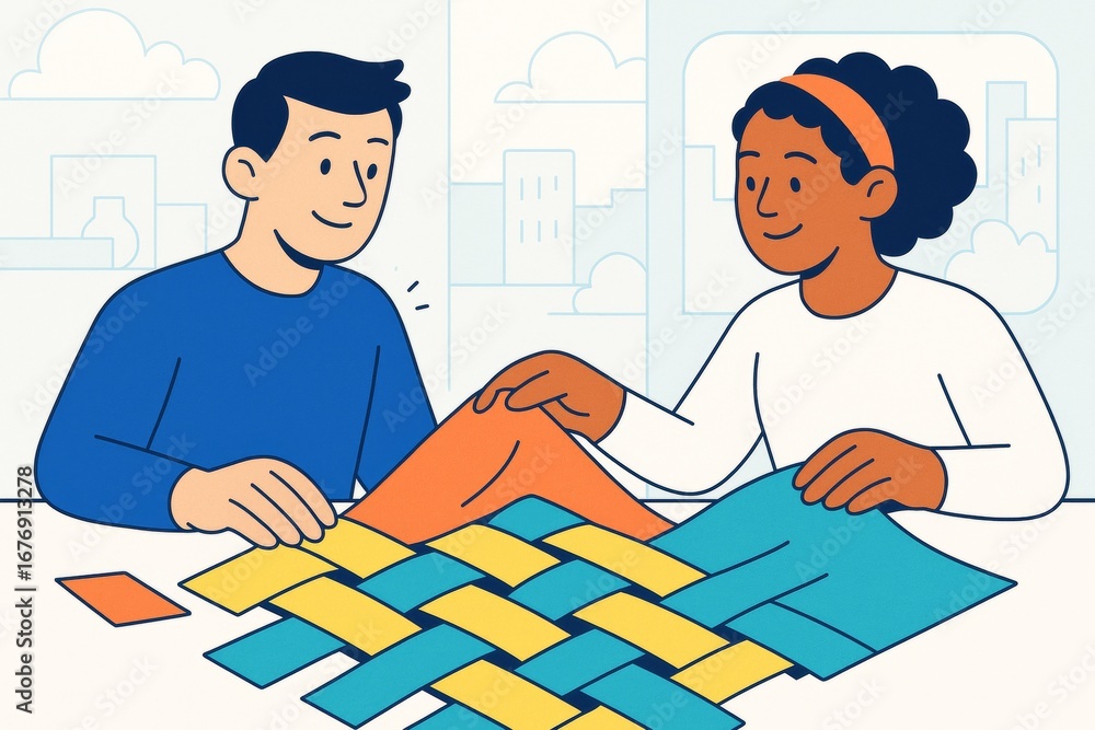 Aufkleber two people collaborating on a colorful weaving project with cheerful expressions and interlaced stri