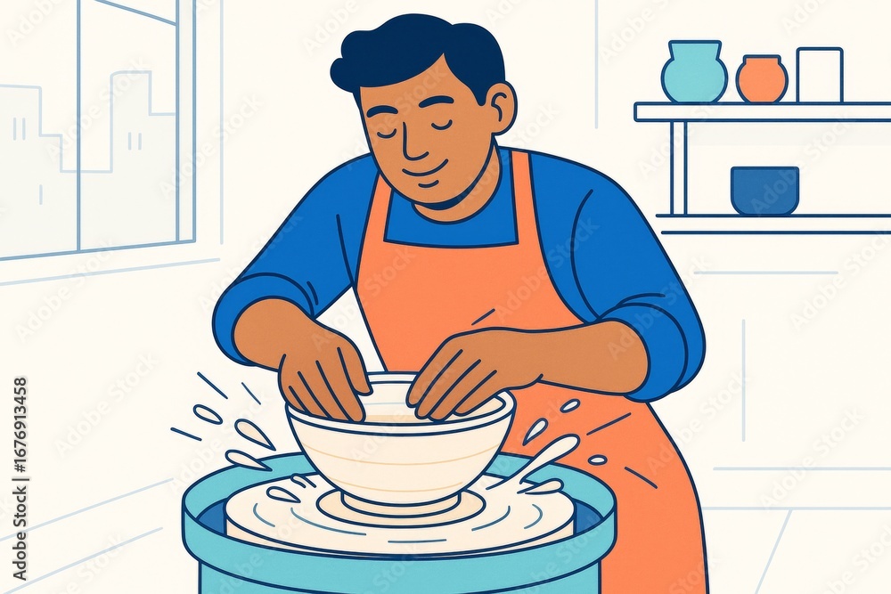 Poster man shaping pottery on spinning wheel in studio while enjoying relaxing hobby activity, illustrated 