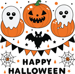 Spooky halloween scene featuring jack o lanterns and friendly ghosts