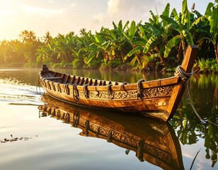 Wooden Canoe on Tranquil River in Tropical Forest