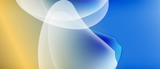 Abstract fluid shapes blend gold, white, blue hues. Soft gradients create dynamic visual experience. Minimalist design evokes calm feeling.