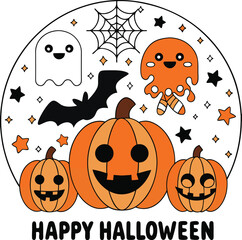 Spooky halloween night scene featuring jack o lanterns and ghosts