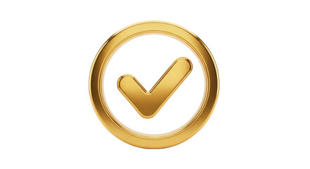 Golden checkmark symbol inside a circular frame tick approval isolated on a transparent background