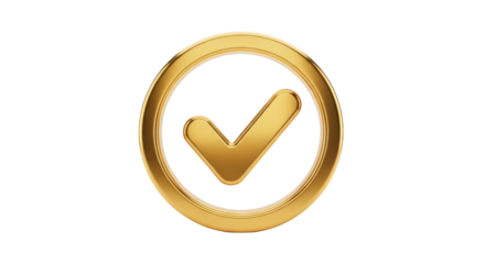 Golden checkmark symbol inside a circular frame tick approval isolated on a transparent background