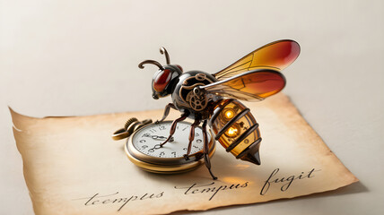 Steampunk mechanical bee resting on pocket watch, time flies