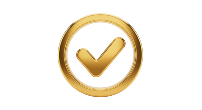 Golden checkmark symbol inside a circular frame tick approval isolated on a transparent background