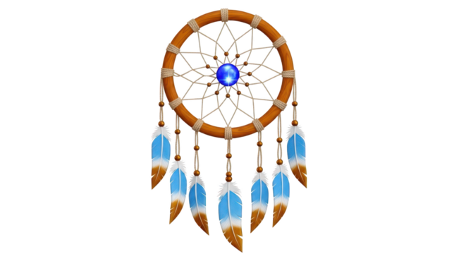 Native American Dreamcatcher with Blue Feathers and Blue Gemstone Center indigenous spiritual isolated on a transparent background