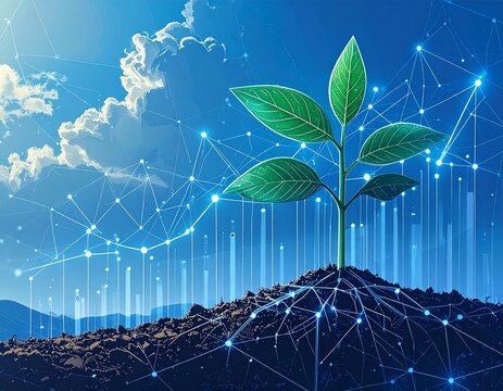 Harnessing technology for environmental growth, a green sprout emerges from the soil with a futuristic data network overlay