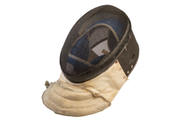 old fencing mask with mesh structure and protective design isolated on white background. equipment for ensuring safety during practice and competition.