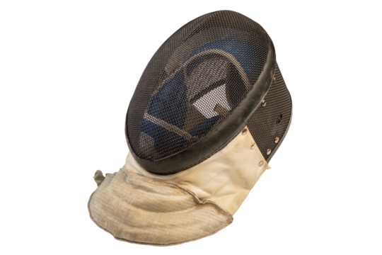 old fencing mask with mesh structure and protective design isolated on white background. equipment for ensuring safety during practice and competition.