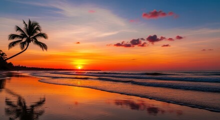 Palm tree silhouettes against vibrant twilight sky at coastal paradise