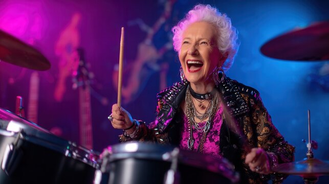 An elderly woman joyfully playing drums in a vibrant, colorful atmosphere. The scene captures her passion for music and lively spirit. - Powered by Adobe