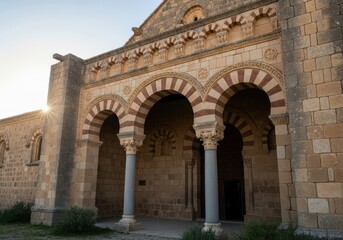 Ancient facade of a historic building featuring sandstone arches and columns