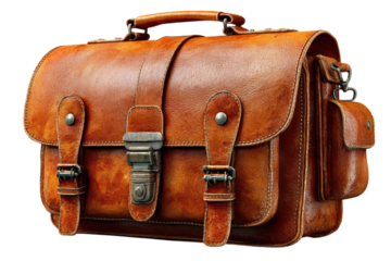 Stylish brown leather briefcase with buckles and pockets for business professionals on transparent background