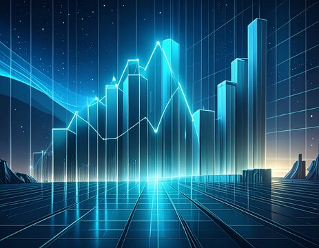 An abstract holographic display of rising bar graphs representing financial success and business intelligence