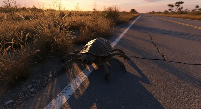 Giant Insect on Deserted Road at Sunset