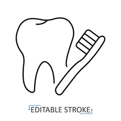 Dental care line icon with editable stroke. Vector outline of tooth and toothbrush symbolizing oral hygiene, dentistry, healthcare, prevention, dental clinic, orthodontics and medical services.