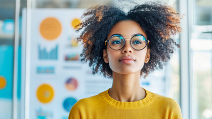 Portrait of confident young African American woman with curly hair and round glasses, gazing thoughtfully in bright, modern office setting with blurred data visualizations in background, representing