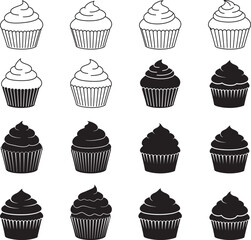Cupcake Icons Set Hand Drawn Style Black and White Food Illustration
