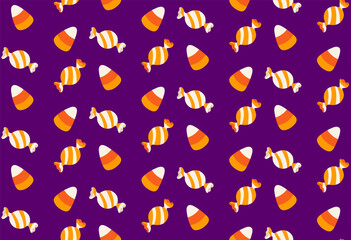 Halloween candy corns and candies pattern on violet background for Halloween day. Seamless pattern for wrapping paper, party, print, texture, textile, invitation, background. Flat vector illustration.